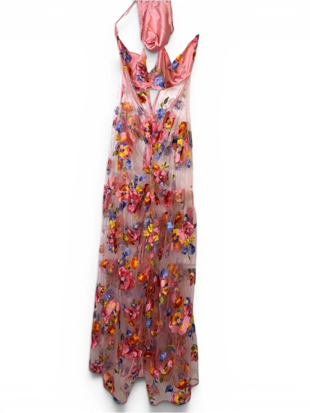 For Love & Lemons Pink Floral Maxi Dress with Multicolor Embroidery